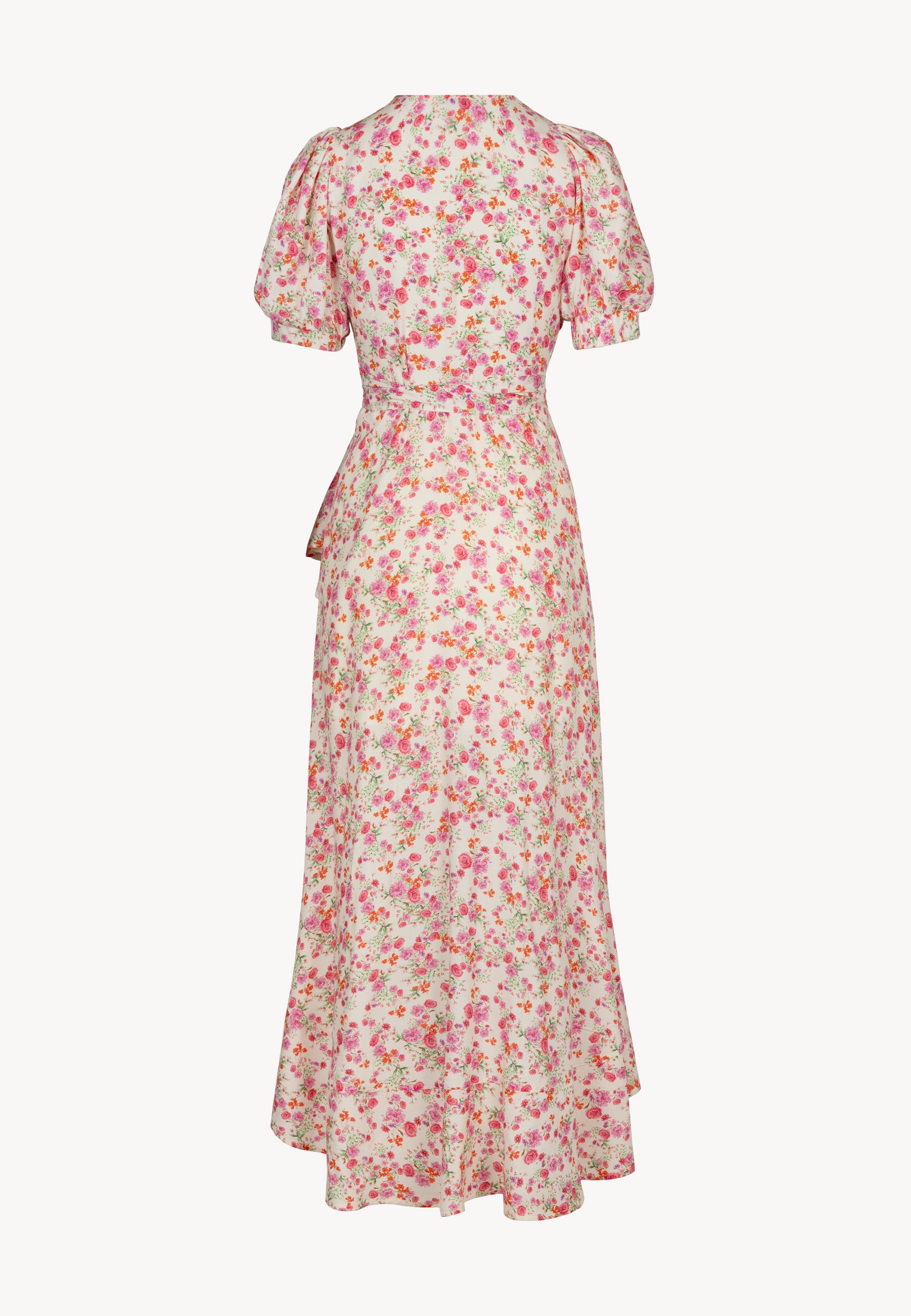 Tył kopertowej sukienki w kwiatowy print i krótkimi, bufiastymi rękawkami ISLAY.