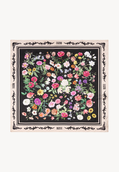 Czarna jedwabna apaszka w kwiatowy print FIORIA