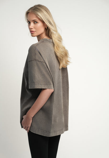 Taupe T-shirt PAPLYS oversize z kwiatowym nadrukiem