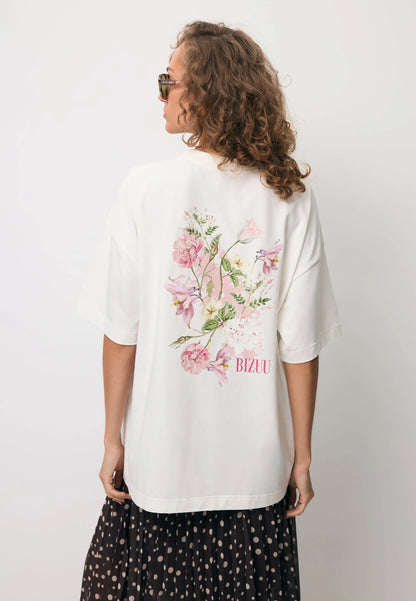 Kremowy T-shirt oversize z nadrukiem na plecach RIONA